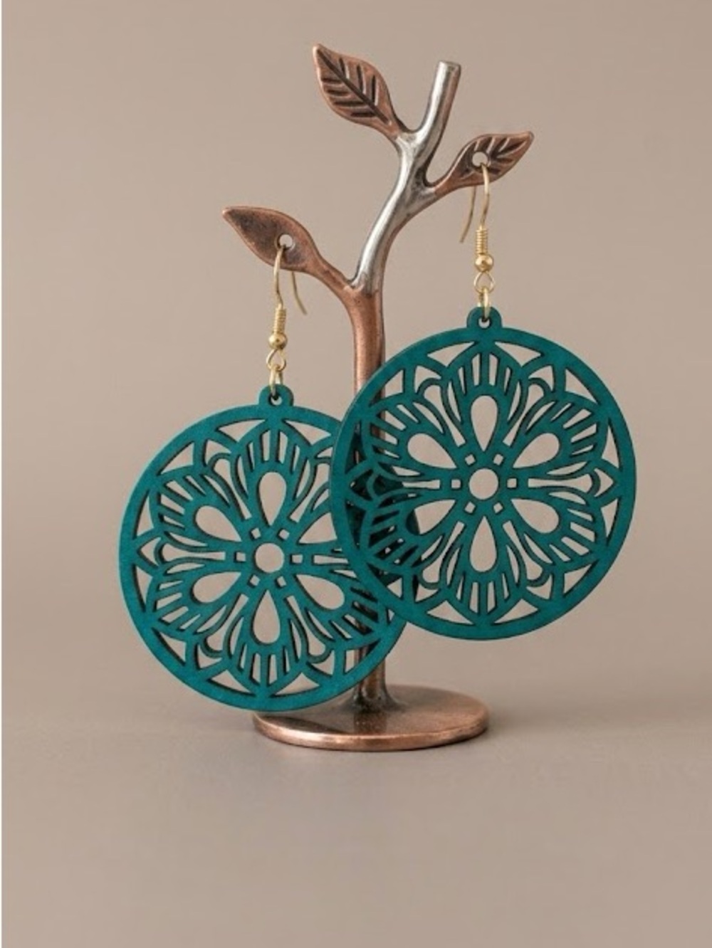 Handmade Boho Teal Filigree Circle Wooden Earrings